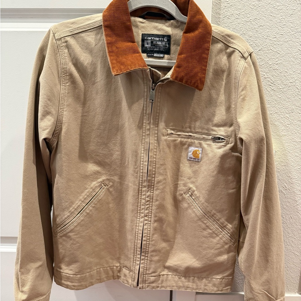 Carhartt Men's Beige Jacket with Rust Collar